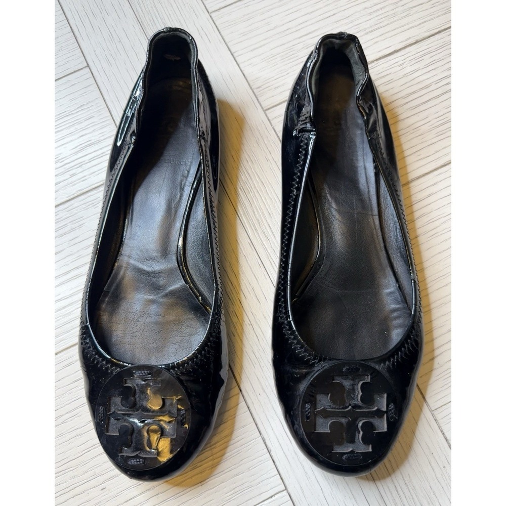 Tory Burch REVA Black Patent Leather Flat Ballet Black Logo‎ Classic Boho Luxe 8